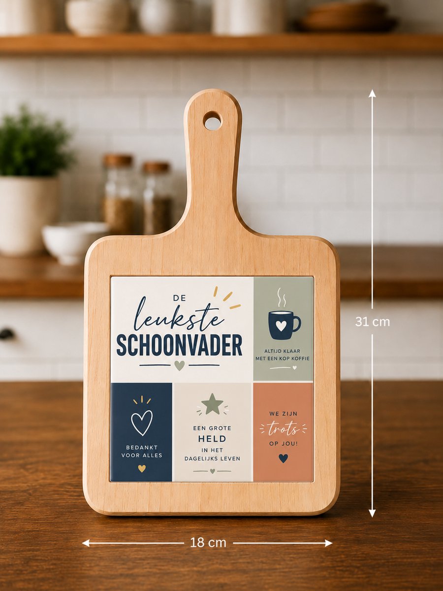 Kaasplank De Leukste Schoonvader – 18 x 31 cm – Houten Serveerplank met Tegel – Cadeau voor Schoonvader