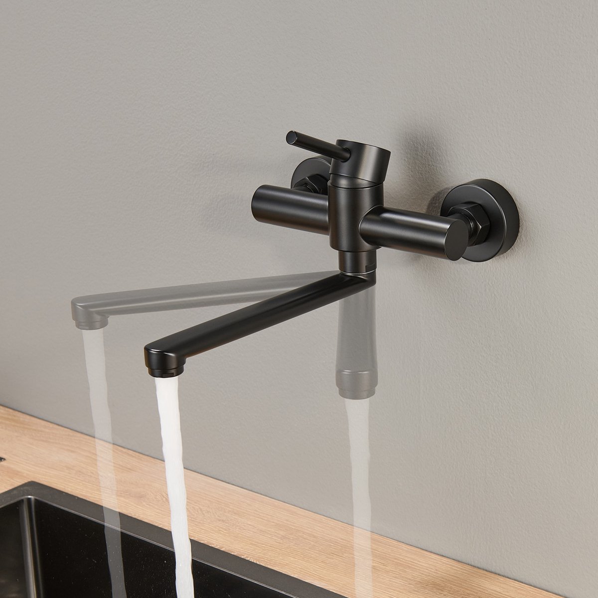 CECIPA Max Wand Keukenkraan - 360° Draaibare Keukenmengkraan - Eengreeps Mengkraan voor Wandmontage - Zwart