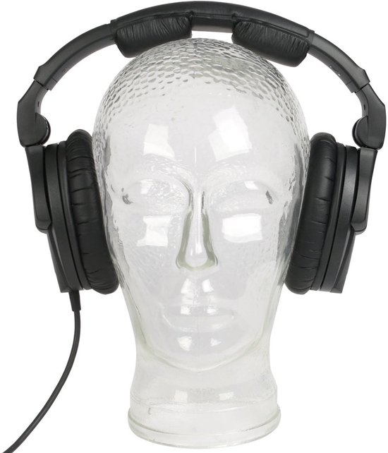 Zwarte Sennheiser HD 280 Pro koptelefoon op een glazen hoofd.