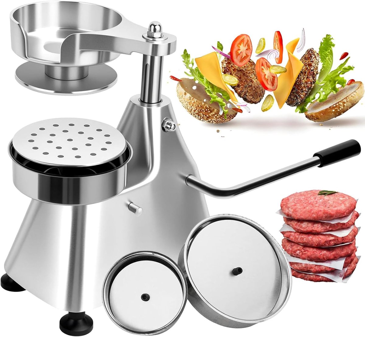 Burger Patty Maker - Vlees Vormer - Gelijkmatige Pasteitjes - 3 Vormen Inclusief - 4 5 6 Inch - Zilver