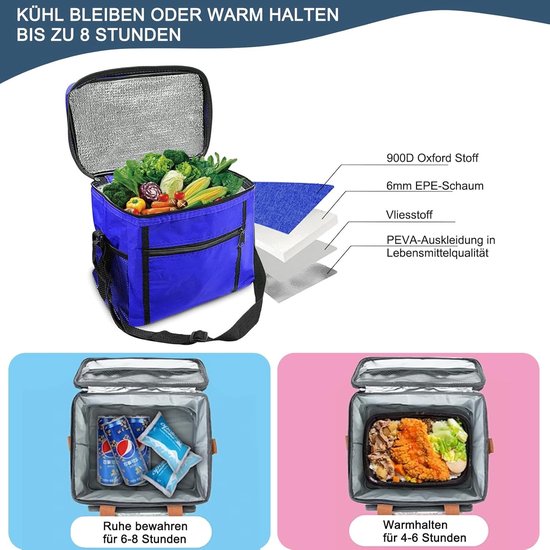SnelShoppen - Opvouwbare Koeltas 10 Liter - Mini Geïsoleerde Thermo-Lunchtas - Perfect voor Picknick, Camping, Tuin en Feest - Blauw 27 x 17 x 24 cm van Snelshoppen — afbeelding 4