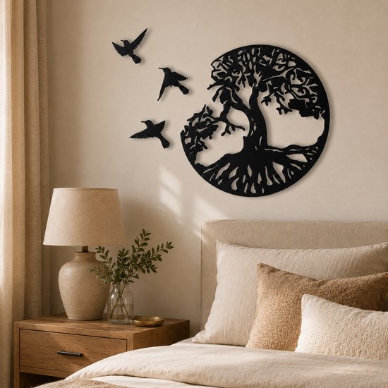 Levensboom - Metaal - 50cm - Tree of Life - Wanddecoratie - wandbord - zwart wit muurdecoratie - Wall Art - Metalen wanddecoratie vogels - Tuindecoratie - Geschikt voor binnen en buiten