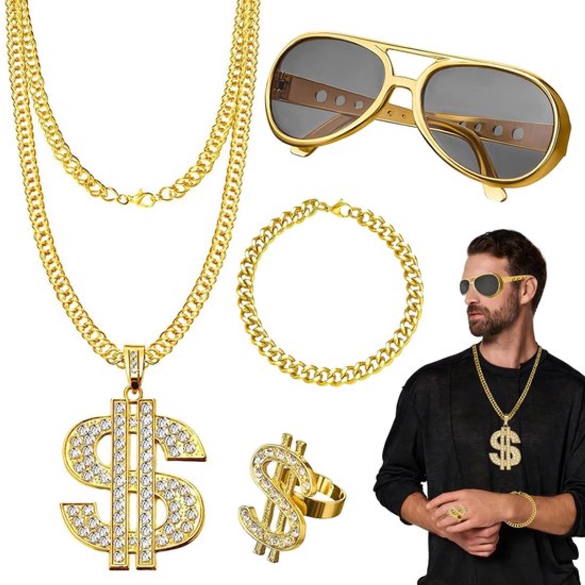 Zeynomax - Dollar Ketting Set - Hiphop Accessoires - Coole Look voor Carnaval