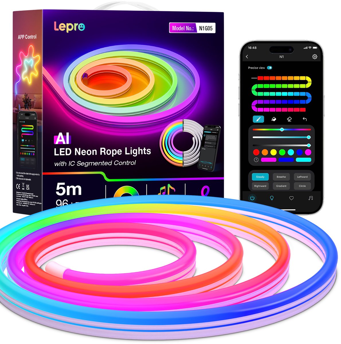 LEPRO N1 AI LED Strip 5 Meter RGB - Slimme Ledstrip met AI Muziekmodus - App en Afstandsbediening - Dimbaar - Ledstrips voor Binnen