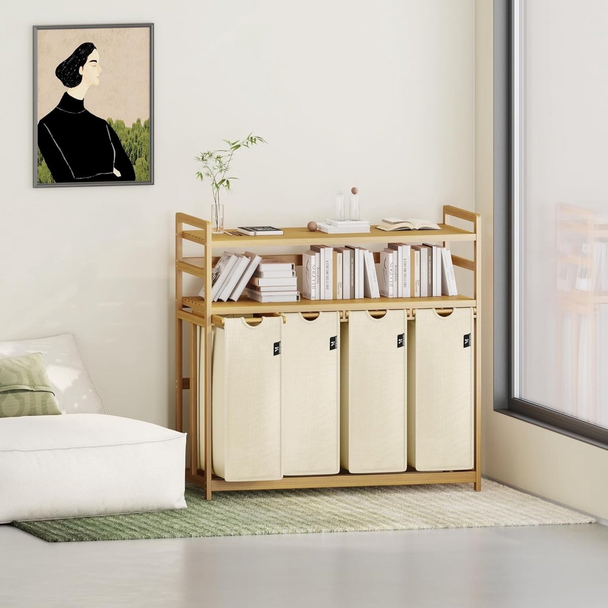 Wasmand - Bamboe - Vier Compartimenten - Uittrekbare Waszakken - Voor Kleding en Accessoires
