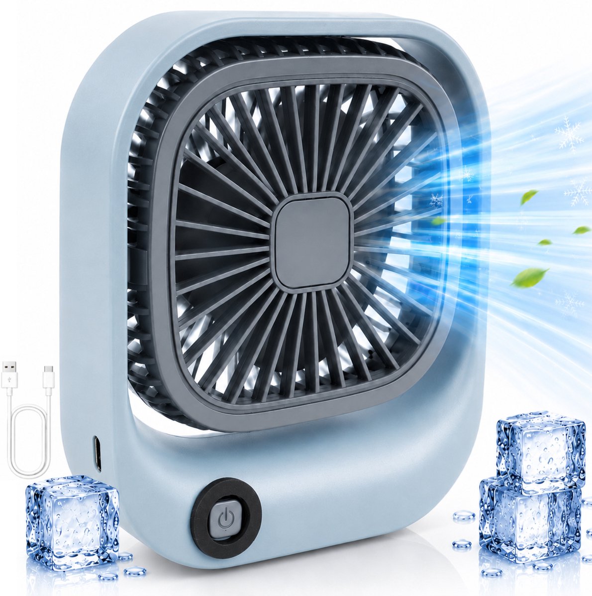 Kleine Draagbare Bureauventilator - Compacte USB-C Ventilator - Mini Tafel Ventilator 3 Standen - voor Auto, Kantoor & Onderweg - Lichtgewicht Mini Desk Fan - Kleine Oplaadbare Ventilator - Handventilator Oplaadbaar - Handwaaier - Blauw - Silvergear