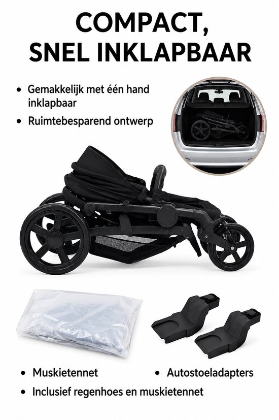 3-in-1 kinderwagen reissysteem - Kinderwagen en buggy met autostoeltje - Lichtgewicht, opvouwbaar en compact - Schokdempende wielen - Omkeerbare zitting - Verstelbare rugleuning en duwstang - UV-bescherming - Ruime opbergmand - Zwart — afbeelding 2