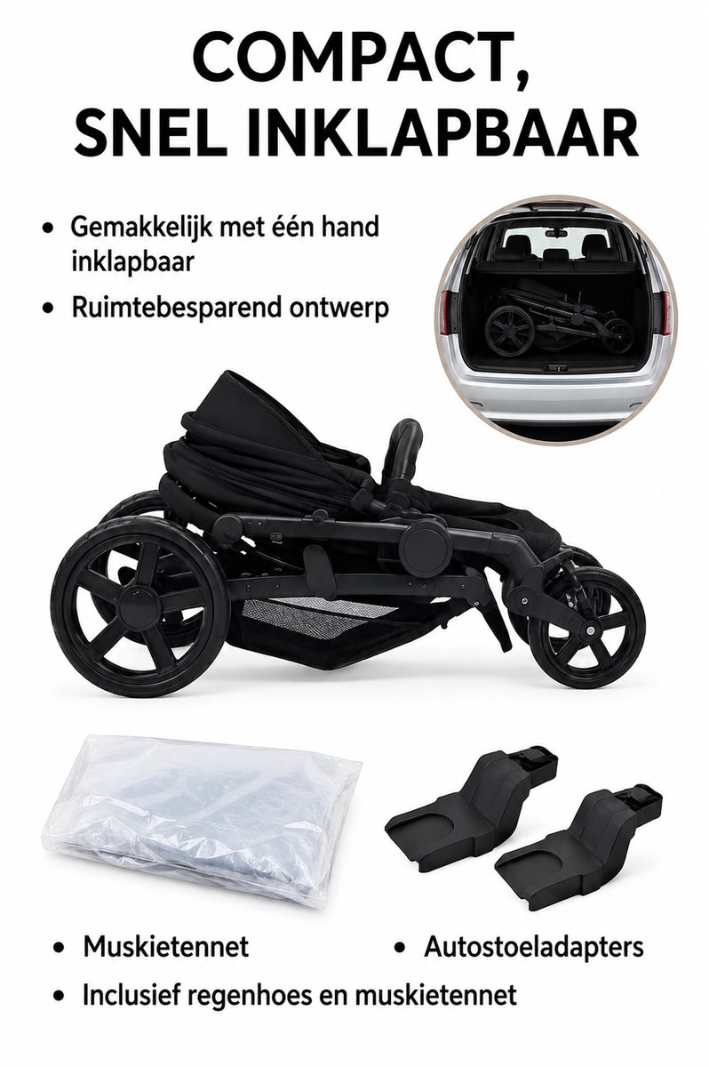 3-in-1 kinderwagen reissysteem – Kinderwagen en buggy met autostoeltje – Lichtgewicht, opvouwbaar en compact – Schokdempende wielen – Omkeerbare zitting – Verstelbare rugleuning en duwstang – UV-bescherming – Ruime opbergmand - Zwart thumbnail 2