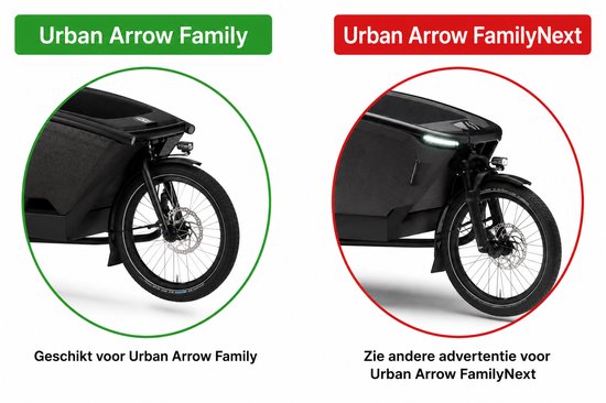 Vergelijking van Urban Arrow Family bakfietsen. Links de 'Family' geschikt, rechts de 'FamilyNext' met led-verlichting.