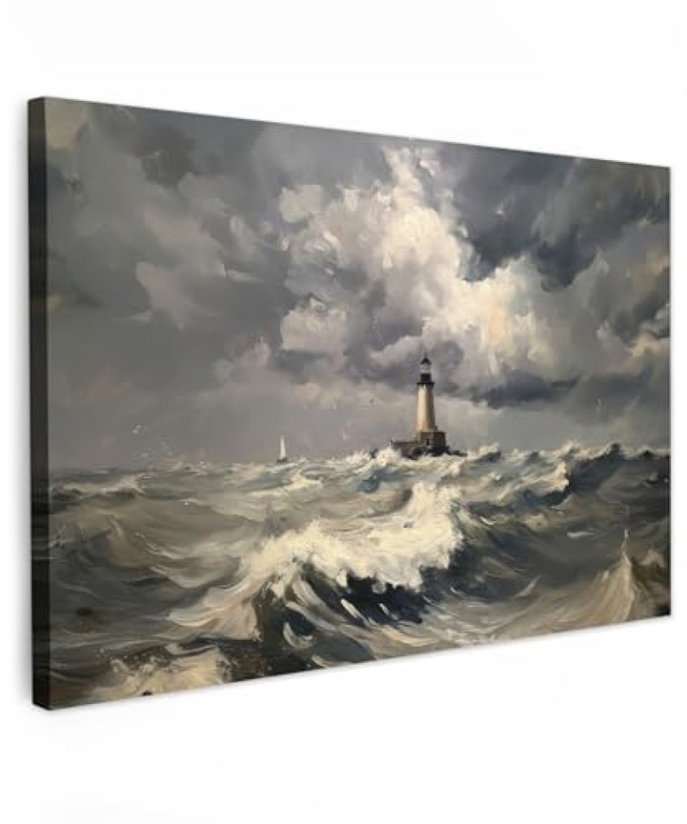 Canvas Schilderij 120x80 cm Kamer Muur Decoratie Woonkamer Slaapkamer - Vuurtoren Golven Storm