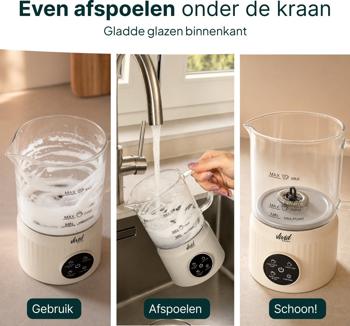 Vivid Green Melkopschuimer Glas - PFAS-vrij - 4-in-1 - 400 ml - Creme - Glazen Melkopschuimer Elektrisch - Warm & Koud Schuim - Melkklopper voor Cappuccino — cadeau in Kookcadeaus - foto 8