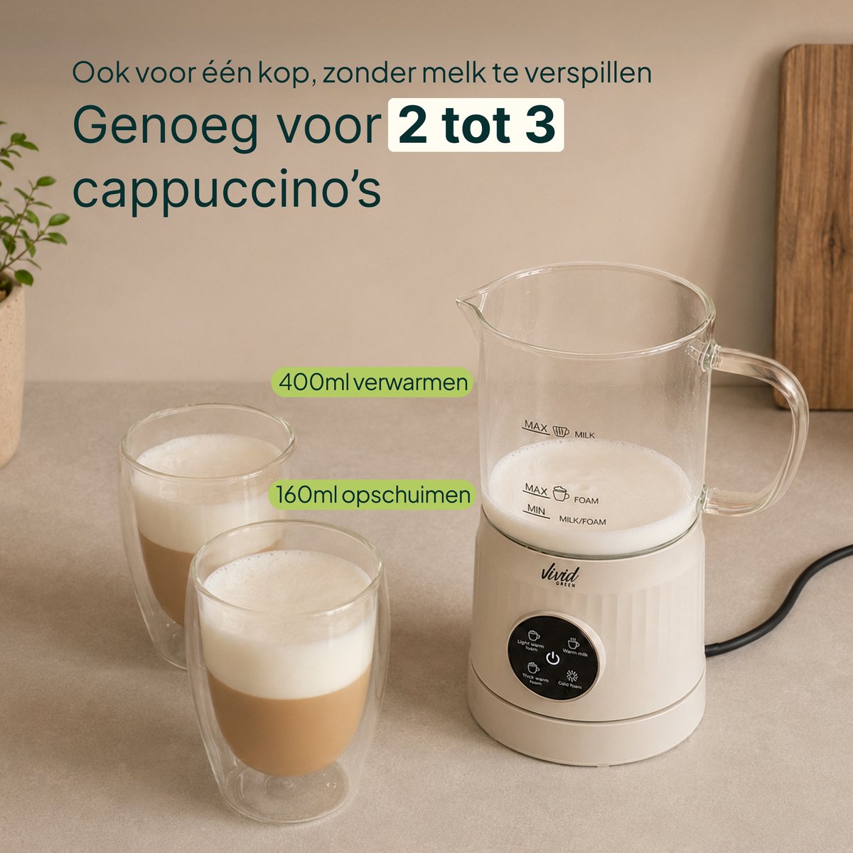 Vivid Green Melkopschuimer Glas - PFAS-vrij - 4-in-1 - 400 ml - Creme - Glazen Melkopschuimer Elektrisch - Warm & Koud Schuim - Melkklopper voor Cappuccino — cadeau in Kookcadeaus - foto 4