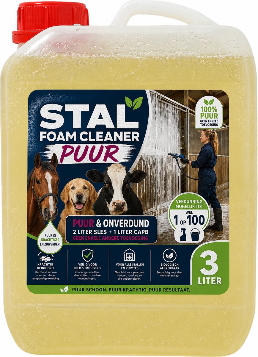 Pure - stalreiniger - foamreiniger - kennel - reiniging - kennelcleaner - paardenstalcleaner - foamcleaner - puur - onverdund - concentraat