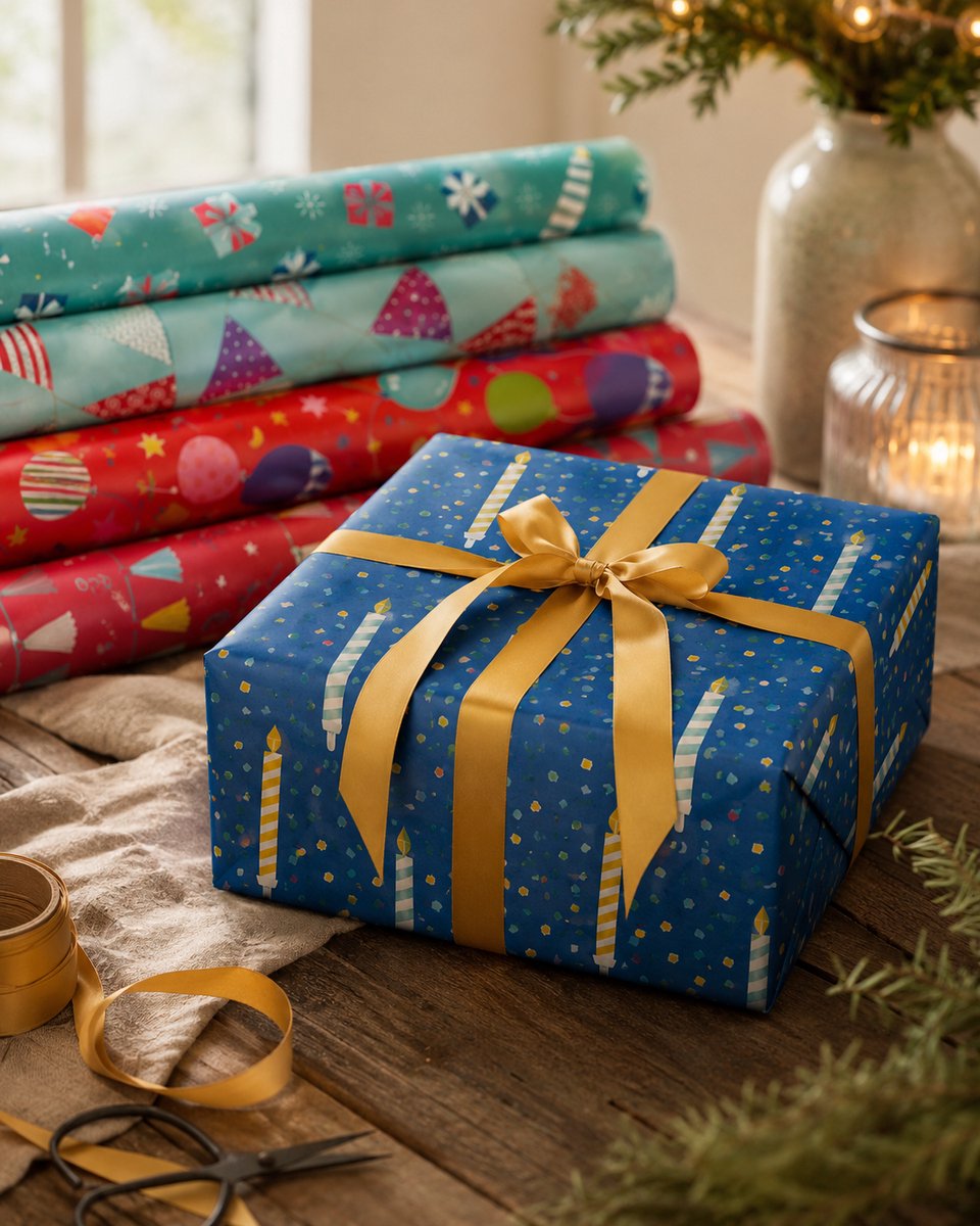 Cadeaupapier Set – Party Vibes Collection (6 Stuks) – 200×70 cm – Turquoise, Blauw, Zalmroze & Rood – Feesthoedjes, Cadeautjes, Confetti, Slingers & Ballonnen – Inpakpapier — afbeelding 4
