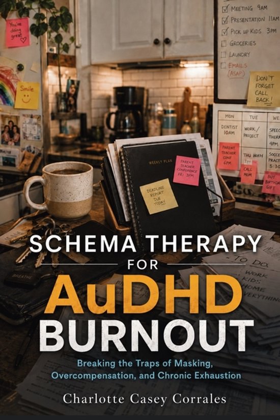 Couverture de livre avec le titre 'Schema Therapy for AuDHD Burnout'. Le texte est jaune et orange sur fond noir.