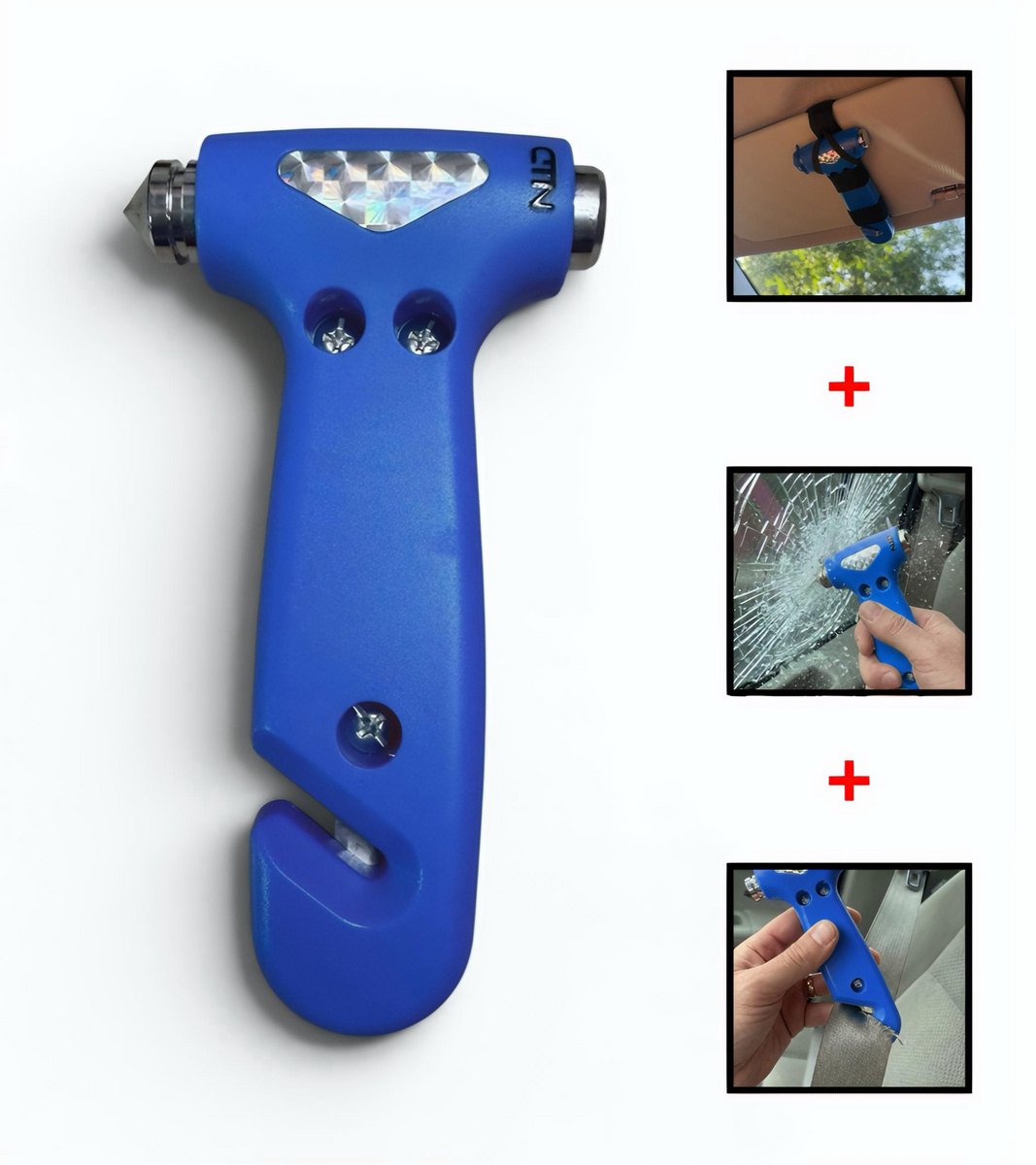 CTN Veiligheidshamer Auto - Noodhamer Auto - 3-in-1 met Gordelsnijder, Ruitenbreker en Bevestigingsriem - Blauw