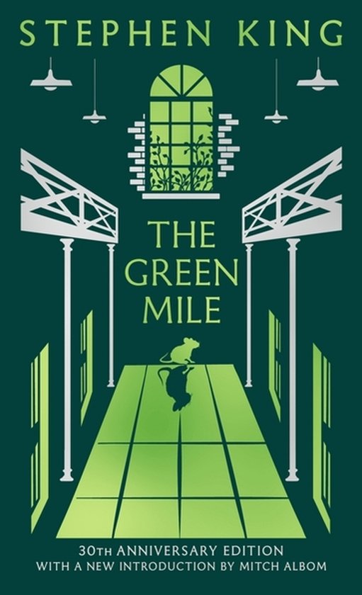 Boekcover van The Green Mile van Stephen King, 30e jubileumeditie, met een muis op een groene gang.