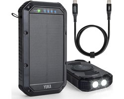 YUKA Solar Powerbank 30000 mAh – 65W Snellader – 100W USB-C LED Display Kabel – Draadloos (15W) – Waterbestendig & Robuust – Extra Beveiligde Technologie – Noodpakket
