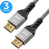 Twee 8K Displayport kabels van 3 meter, met zilveren connectoren en grijs gevlochten snoeren, op witte achtergrond.