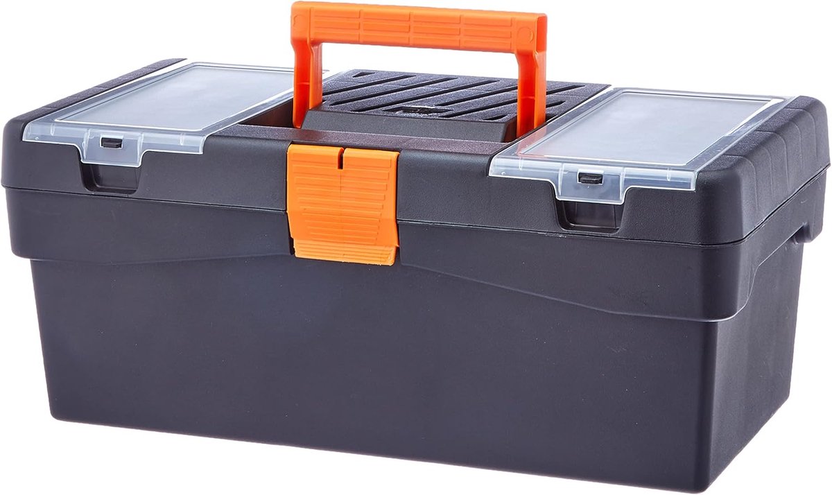 Gereedschapskoffer Basic - Opbergkist Handig - Gereedschap Opbergen - Met Sorteerbakken - 40 cm - Zwart Oranje