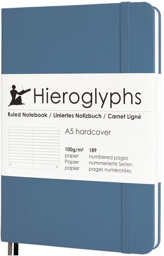 Un carnet ligné A5, couverture rigide, bleu pétrole de Hieroglyphs, avec une bande blanche indiquant 'Hieroglyphs Ruled Notebook / Liniertes Notizbuch / Carnet Ligné A5 hardcover 100g/m² paper 189 numbered pages'.