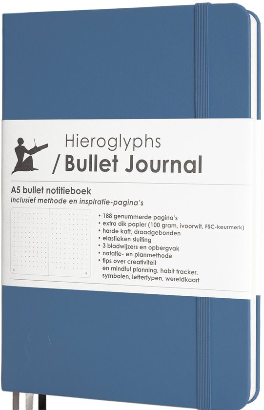 Hieroglyphs Bullet Journal - Notitieboek A5 - 100 Grams Papier - met Handleiding en Inspiratie - Hardcover Notebook Dotted - Petrol Blue