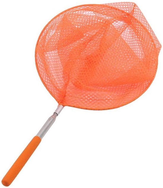 Un filet rond orange avec un manche télescopique argenté et une poignée orange.