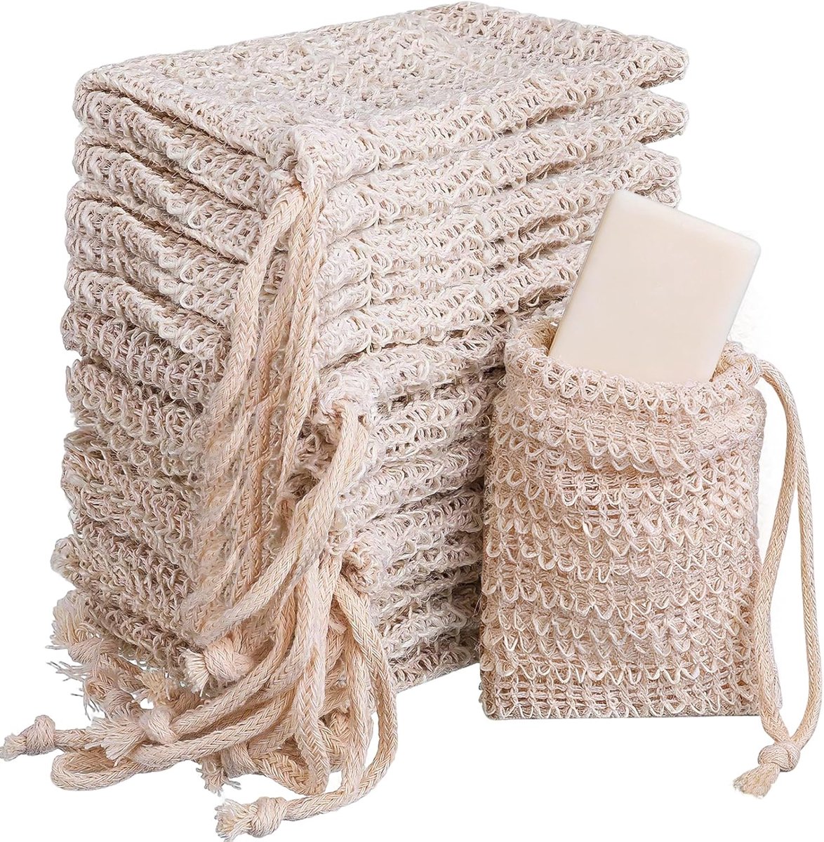Zeepzakjes Biologisch - Zeepdispenser Spons - Douchen en Reinigen - Mesh Antislip Ontwerp - 12 stuks - Naturel
