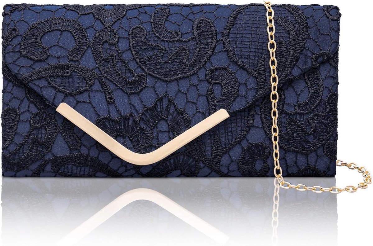 Elegante Satijnen Clutch in Donkerblauw met Kanten Details en Verwijderbare Schouderband voor Avondjes Uit, Bruiloften en Feestjes - Vintage Envelope Handtas 22 x