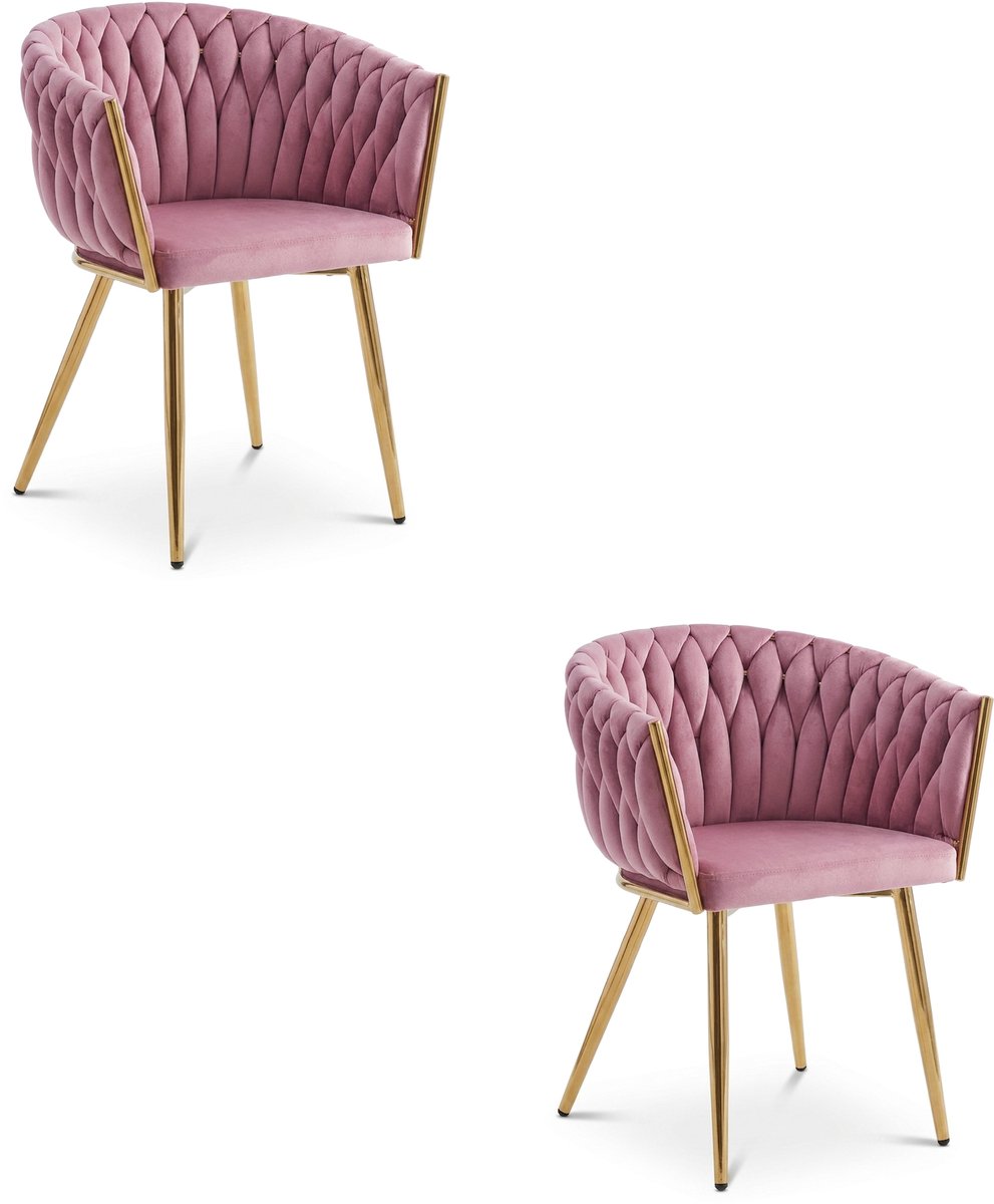 Set van 2 eetkamerstoelen ORION - Lichtroze fluweel - Gouden metalen poten - Modern design