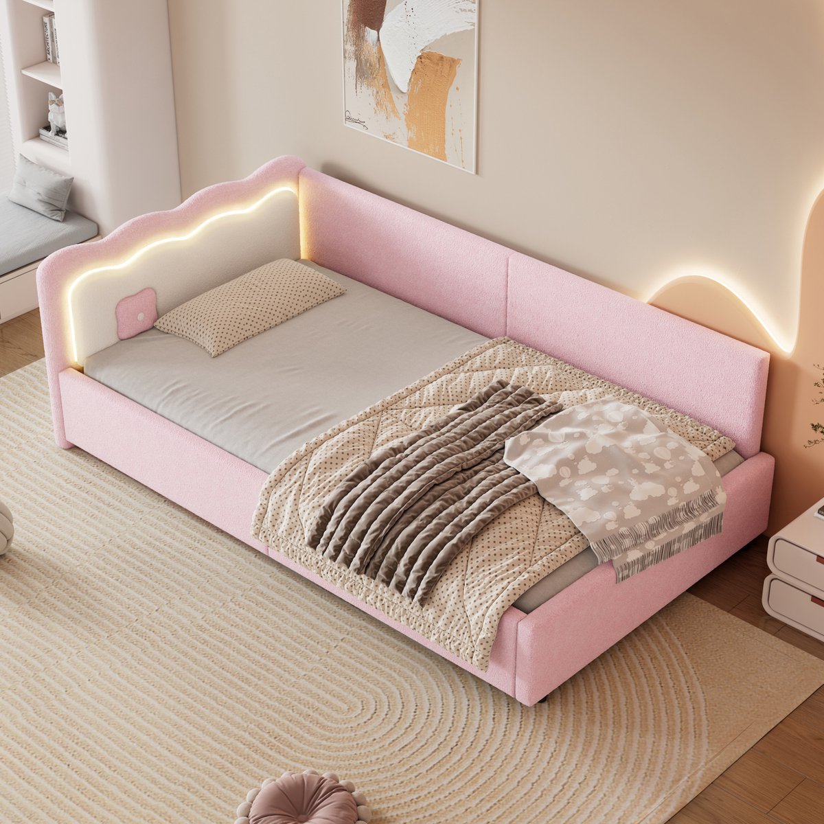 MEUNIQ slaapbank 90x200 cm met lattenbodem en LED-verlichting, daybed eenpersoonsbed zonder matras, roze bed voor slaapkamer of logeerkamer