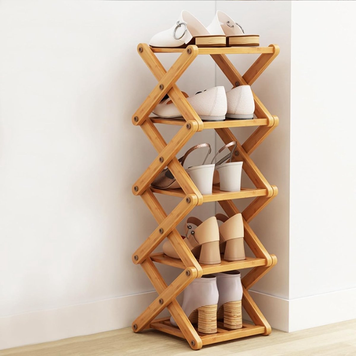 Bamboe schoenenrek - ruimtebesparend - 1 stuk - 5 niveaus - 82 cm hoog