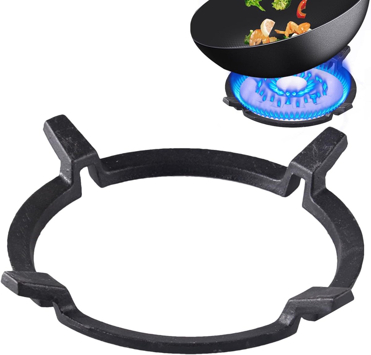 Gietijzeren Pannenhouder - Wokring Vierklauw - Stabiel Koken - Roestvrij en Vervormt Niet - 17.8 cm Buitendiameter - Zwart