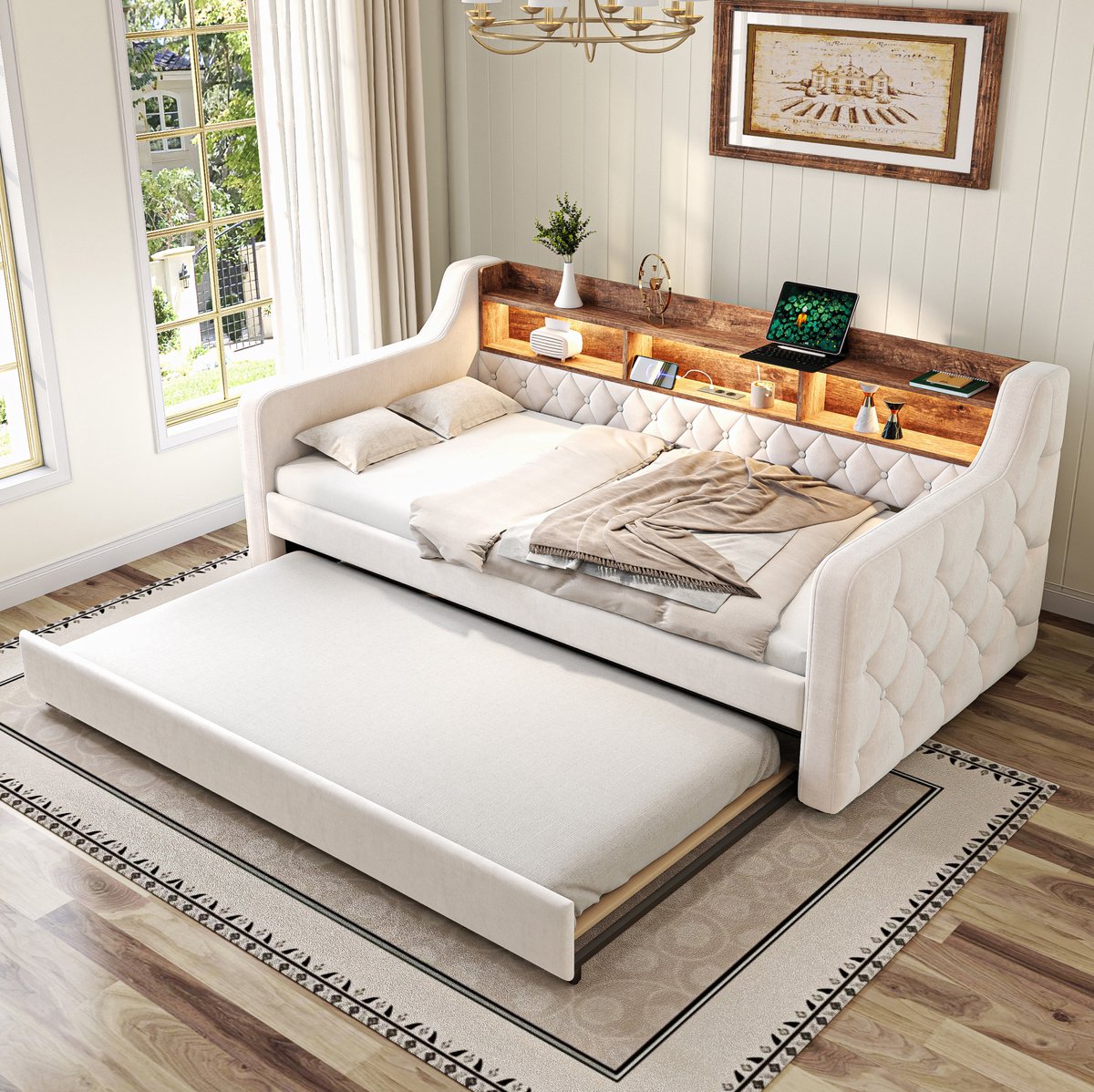 MEUNIQ slaapbank 90x190 cm met uitschuifbed, opbergrek, LED-verlichting, USB-C en 12 latten, velours beige, voor slaapkamer, logeerkamer of jeugdkamer