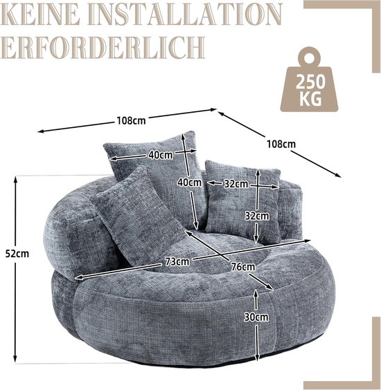 Gaming Fauteuil - Zit zak stoel - Ontspannen gamen - Ergonomische vormgeving - 108x108x52cm - Grijs — afbeelding 4