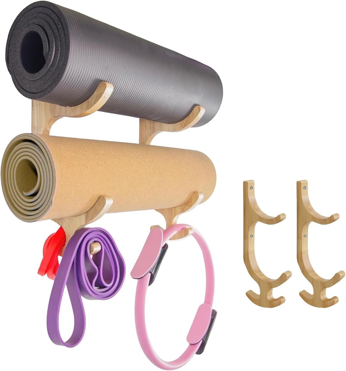 Yoga Mat Opbergrek - Fitness Organizer - Sportspullen Opbergen - Massief Houten Constructie - 41 x 25 cm - Natuurlijk Hout