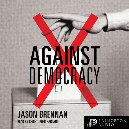 Titel: AGAINST DEMOCRACY. Een hand gooit een stembiljet weg, doorkruist door een rood kruis. "AGAINST DEMOCRACY" geschreven met grote letters.