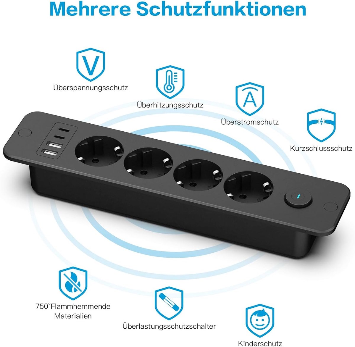 Inbouw Stekkerdoos - Zwart - 4 AC-Stopcontacten - 4 USB Aansluitingen - Voor Tafel en Meubels