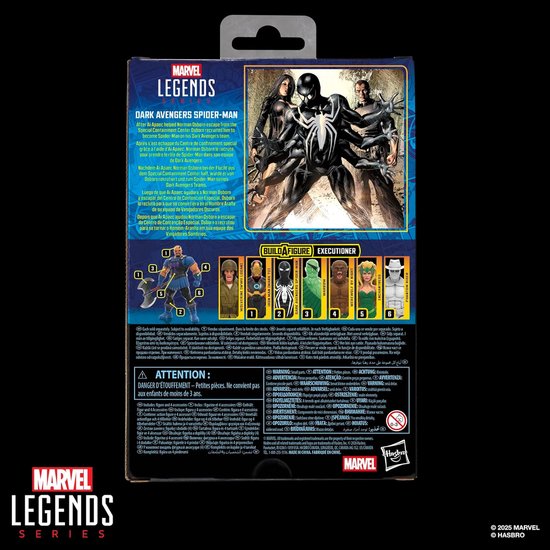 Achterkant van de verpakking van Marvel Legends Dark Avengers Spider-Man actiefiguur, met artwork en figurenoverzicht.
