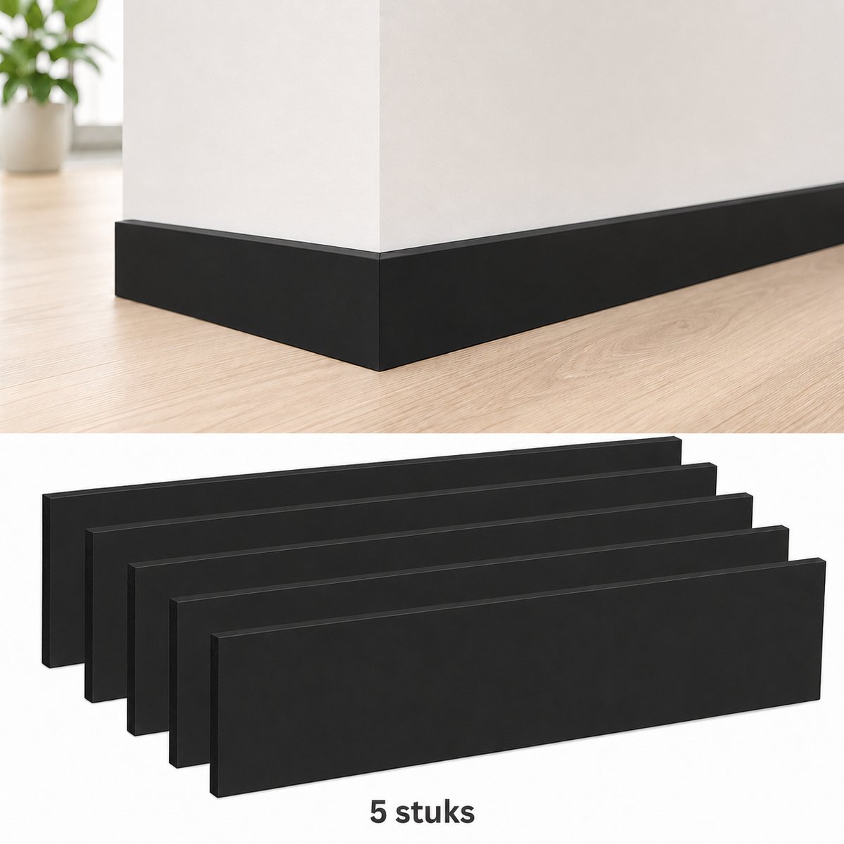 Lemonbest Zelfklevende PVC Plintstrip 5 Stuks - Plakplint Wandplint Vloerplint Waterbestendig voor Woonkamer Keuken Kantoor - 12 x 45 cm x 11 mm - Zwart