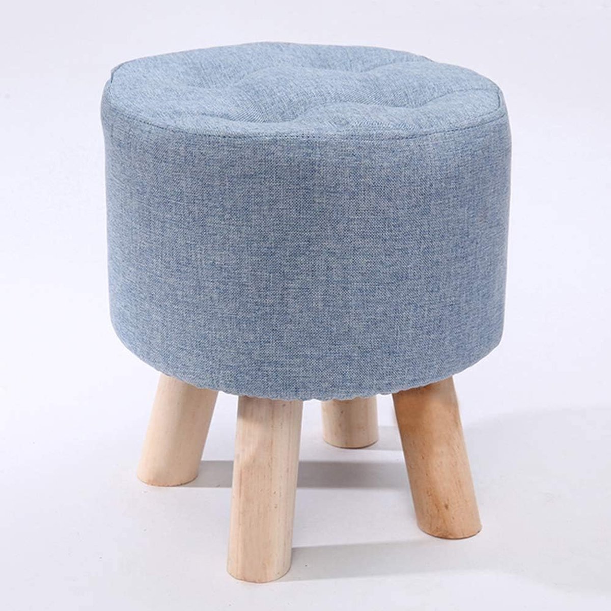 Houten Poef - Voetenbank Kruk - Ontspannen Zitten - Zachte Gestoffeerde Zitting - 31x31x35cm - Blauw
