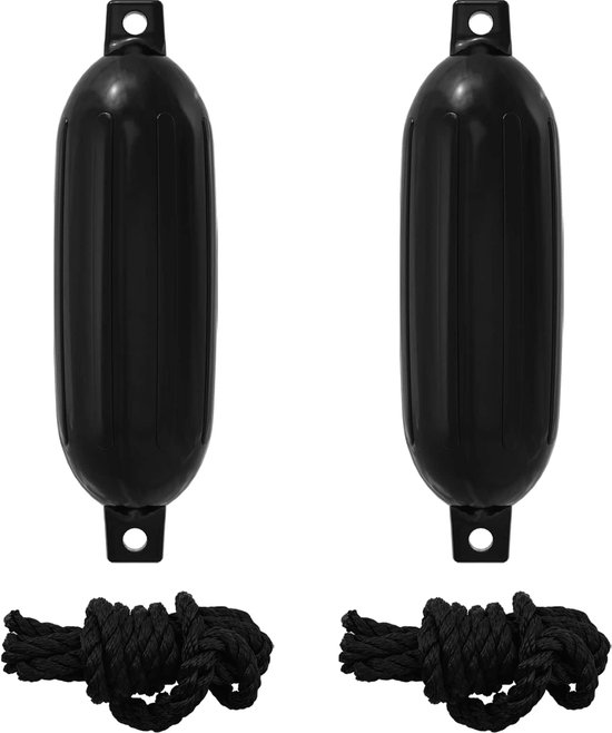 Twee zwarte stootwillen met touw, elk met verticale ribbels en ophangogen.