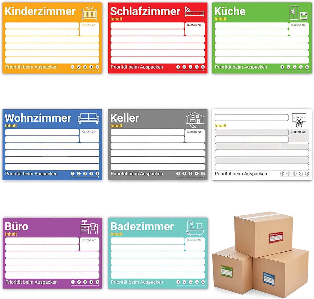 Verhuislabels Zelfklevend - Verhuisstickers Dozen - Snelle Organisatie - Glad Beschrijfbaar Oppervlak - 15 x 10 cm - Multicolor