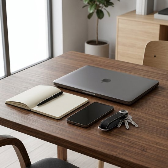 Bruine leren sleutelhanger met sleutels op een houten bureau naast een laptop, telefoon en notitieboek.