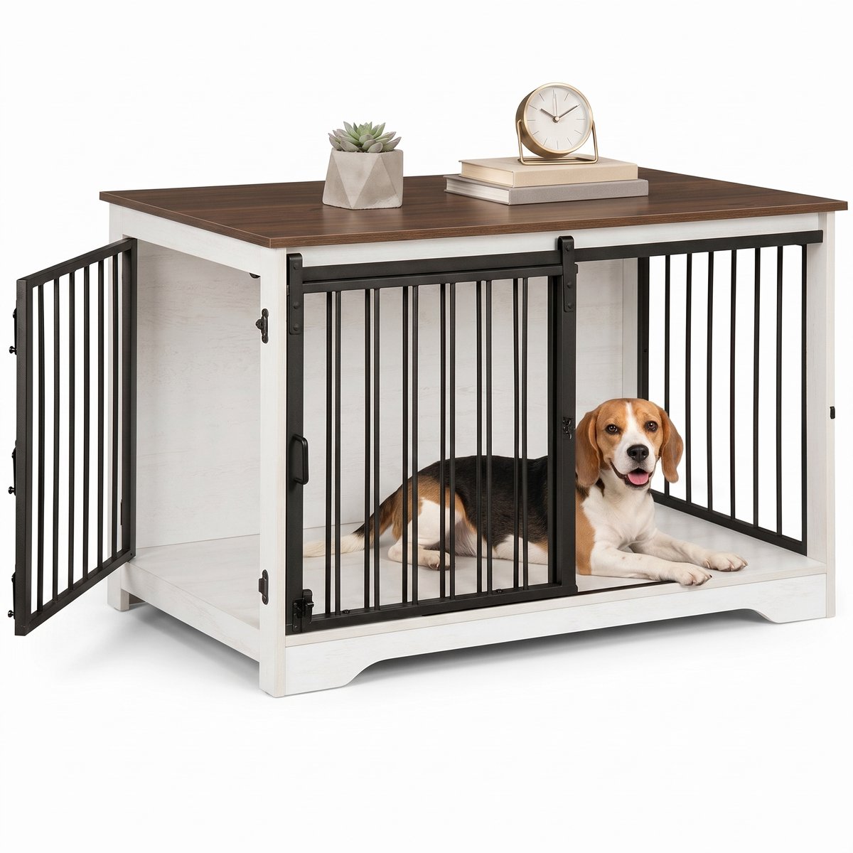 Aiverig® Hondenbench Hout Meubel – met Schuifdeur & Zijdeur – Hondenhok voor Binnen & Hondenkooi – Krasvrije Poten & Anti-knaag Sloten – Voor Middelgrote Honden – Wit Bruin – 100×60×68 CM