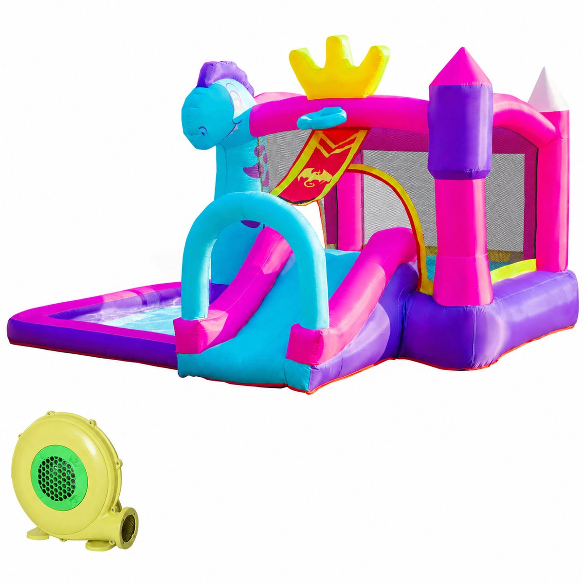 TEKROA® Springkasteel met glijbaan - trampoline - speelgedeelte - zwembad en basketbalring - Inclusief pomp en draagtas - 350W blower - 300 x 270 x 200 cm