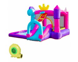 ECTEATOY® Springkasteel met glijbaan - trampoline - speelgedeelte - zwembad en basketbalring - Inclusief pomp en draagtas - 350W blower - 300 x 270 x 200 cm
