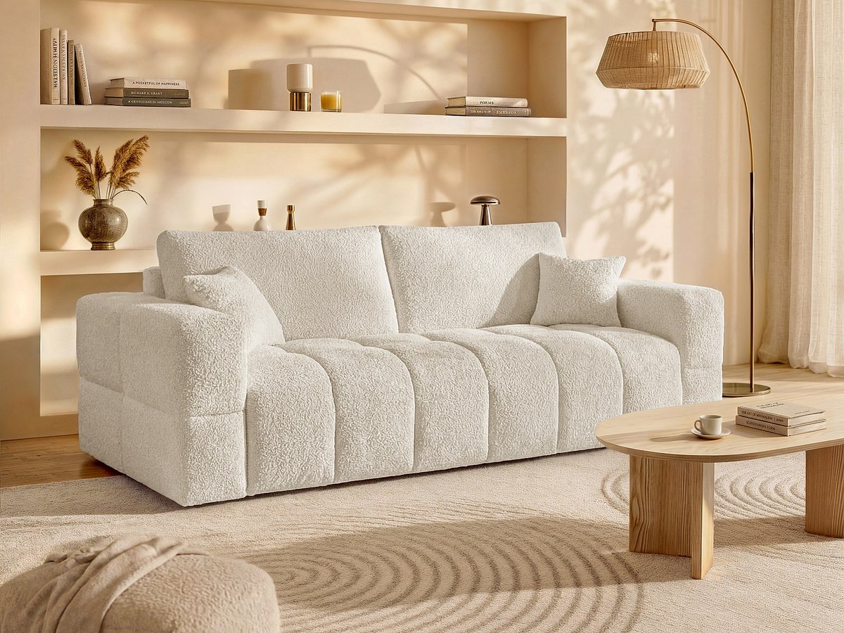 Vente-unique Driezitsslaapbank express in beige teddystof - Slaapoppervlak 140 cm - Matras 20 cm ISSORO