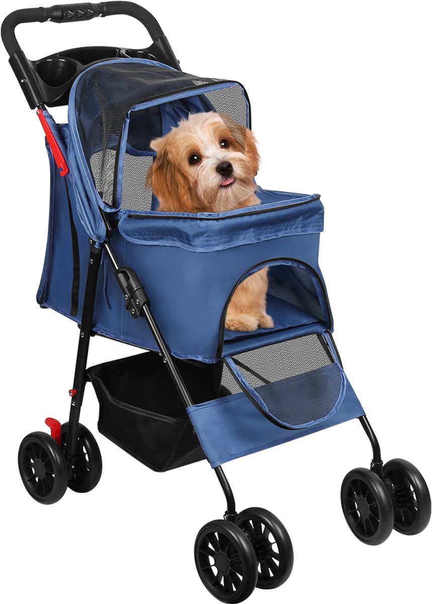 PIPIPOXER Huisdier wandelwagen-reiswagen -huisdier-Hondenbuggy tot 20 kg-kattenwagen- 4 stuks rubberen wielen met schokdemping- mand en zonwering -buggy-Tas - Oxfordstof-blauw