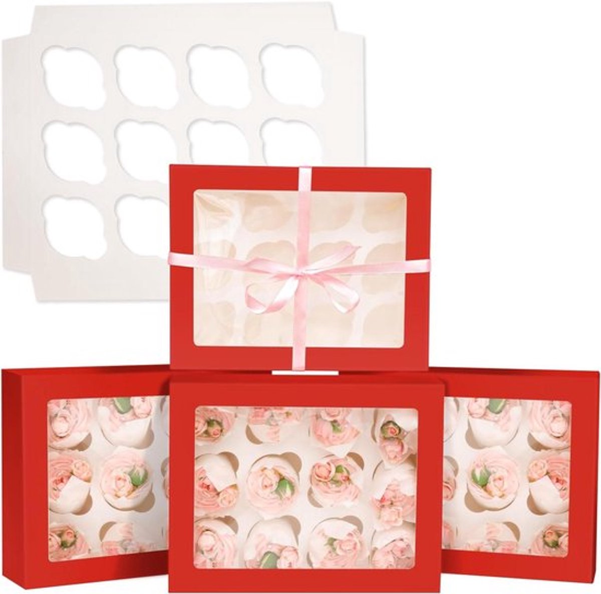 Automatische cupcake-dozen met rood venster, 6 stukken
